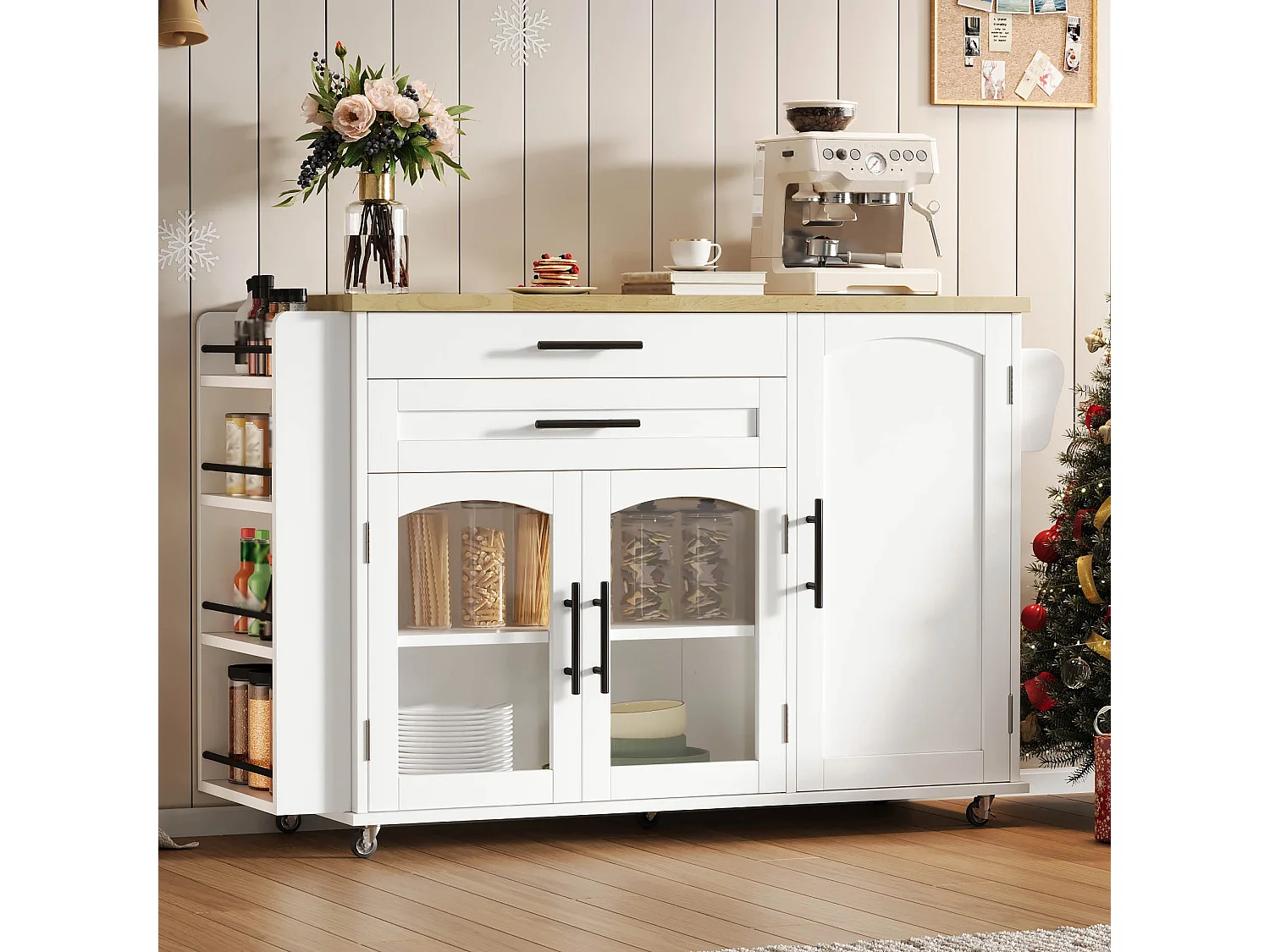 Mobile kitchen island - folding dining table - with storage space and spice rack - with casters - White