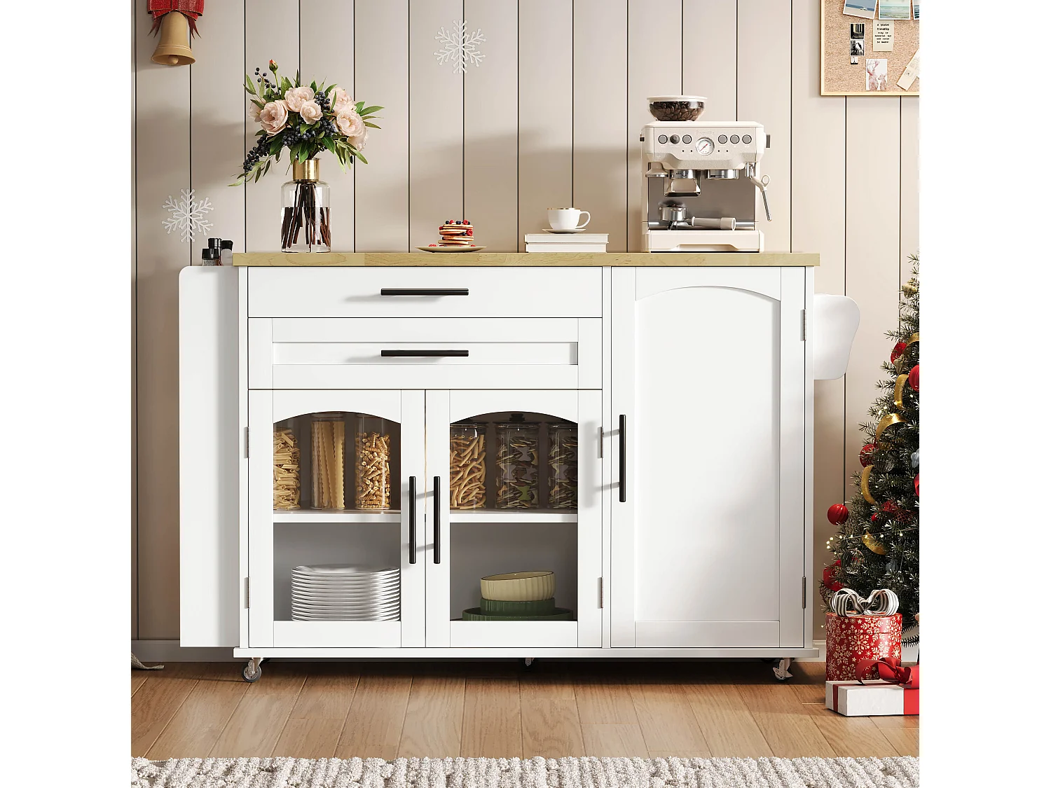 Mobile kitchen island - folding dining table - with storage space and spice rack - with casters - White