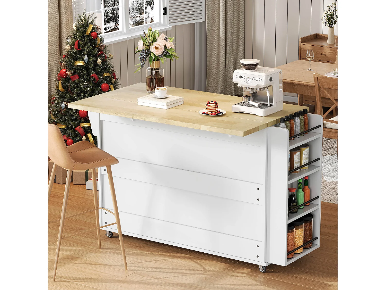 Mobile kitchen island - folding dining table - with storage space and spice rack - with casters - White