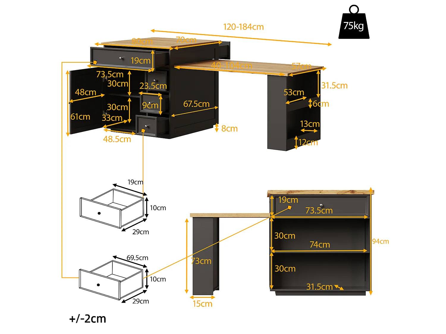 Îlot Central de Cuisine Extensible 120-184cm, Desserte Mobile avec Rangement Bi-face, 5 Tiroirs et Roulettes - Noir