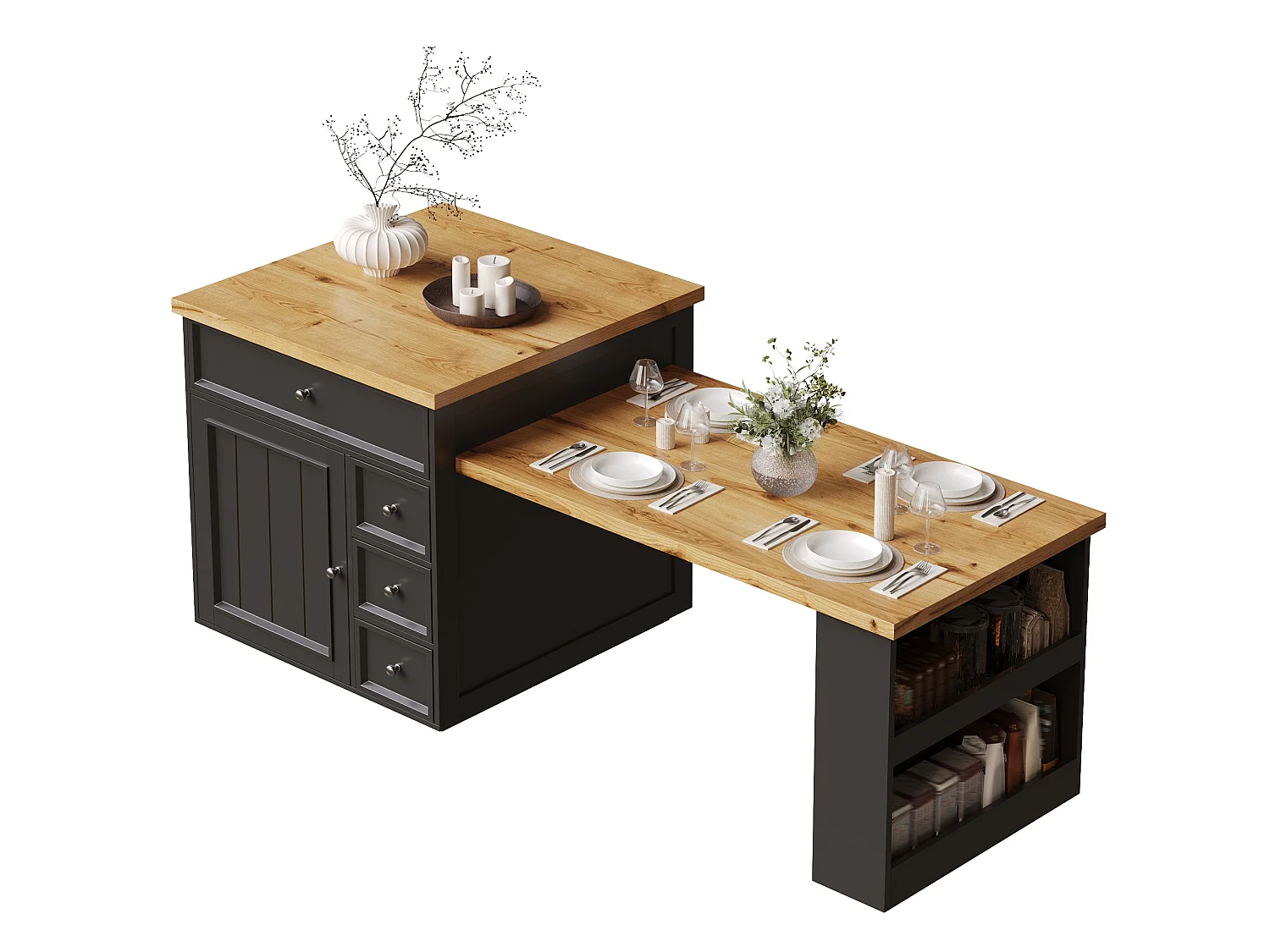 Îlot Central de Cuisine Extensible 120-184cm, Desserte Mobile avec Rangement Bi-face, 5 Tiroirs et Roulettes - Noir