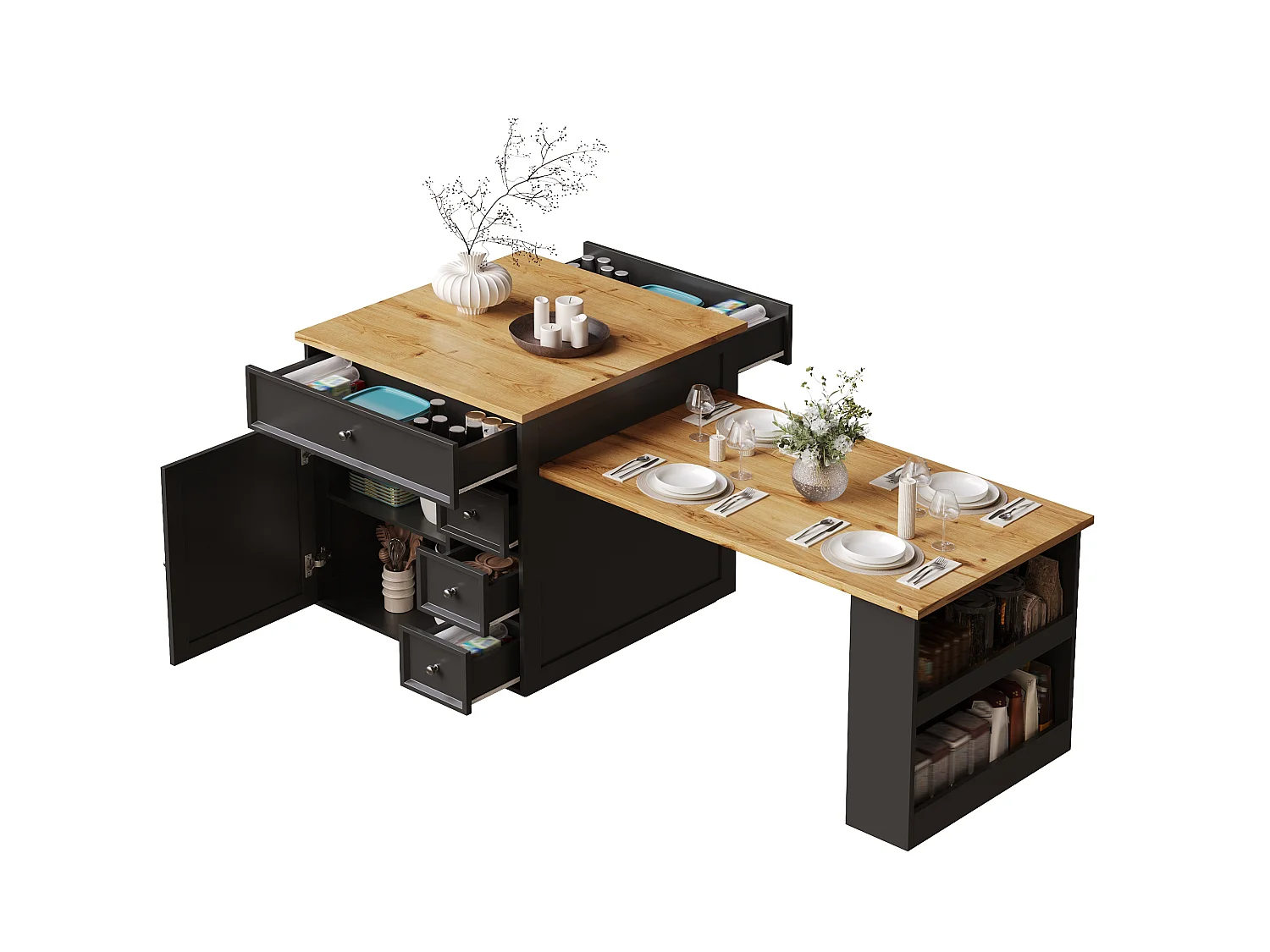 Îlot Central de Cuisine Extensible 120-184cm, Desserte Mobile avec Rangement Bi-face, 5 Tiroirs et Roulettes - Noir