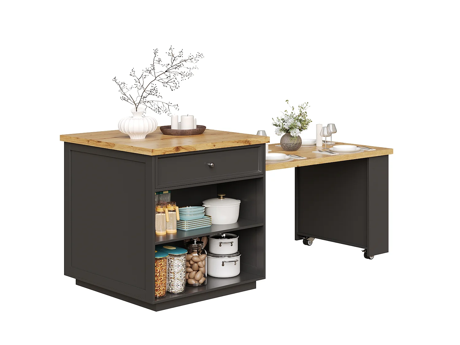 Îlot Central de Cuisine Extensible 120-184cm, Desserte Mobile avec Rangement Bi-face, 5 Tiroirs et Roulettes - Noir