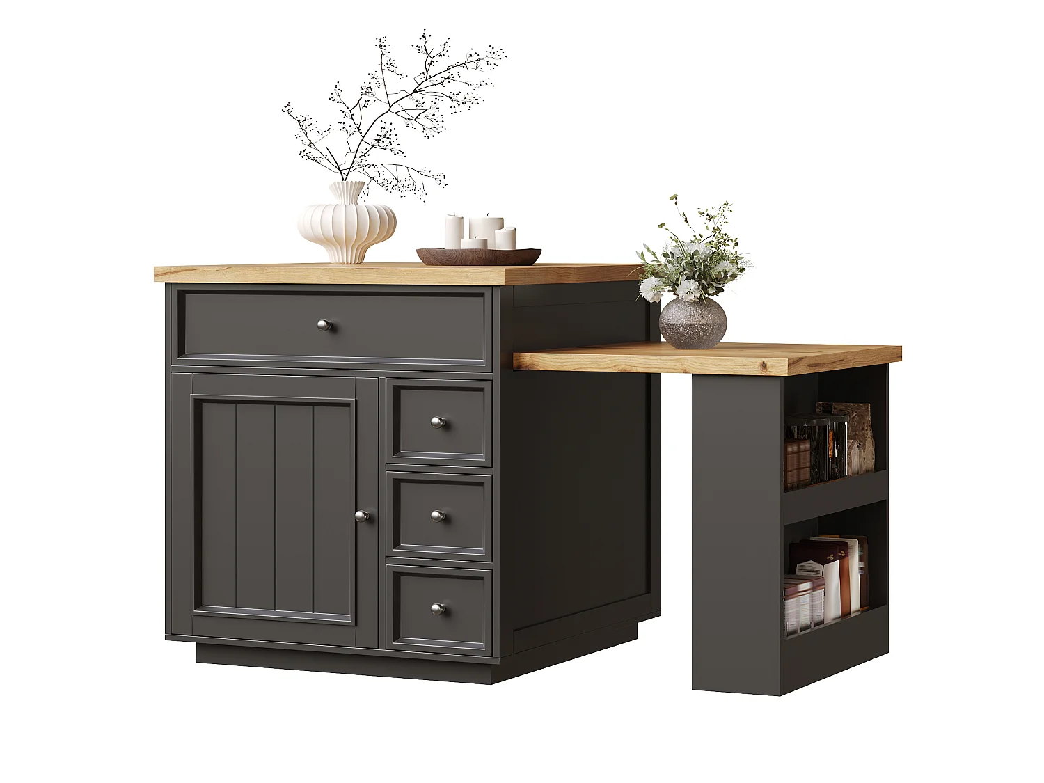 Îlot Central de Cuisine Extensible 120-184cm, Desserte Mobile avec Rangement Bi-face, 5 Tiroirs et Roulettes - Noir