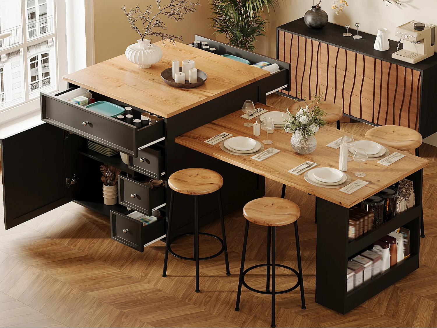 Îlot Central de Cuisine Extensible 120-184cm, Desserte Mobile avec Rangement Bi-face, 5 Tiroirs et Roulettes - Noir