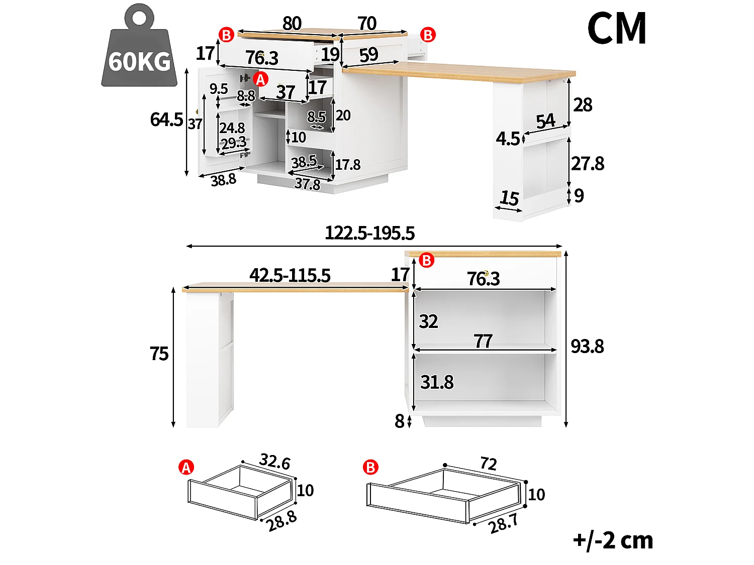 Îlot Central de Cuisine Extensible 122.5-195.5cm, Table de Bar avec Rangement Bi-face, Tiroirs et Casier à Vin - Blanc
