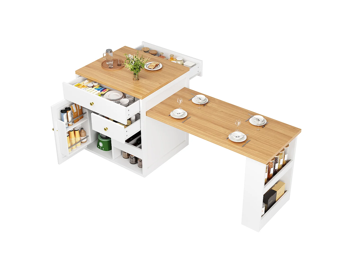 Îlot Central de Cuisine Extensible 122.5-195.5cm, Table de Bar avec Rangement Bi-face, Tiroirs et Casier à Vin - Blanc