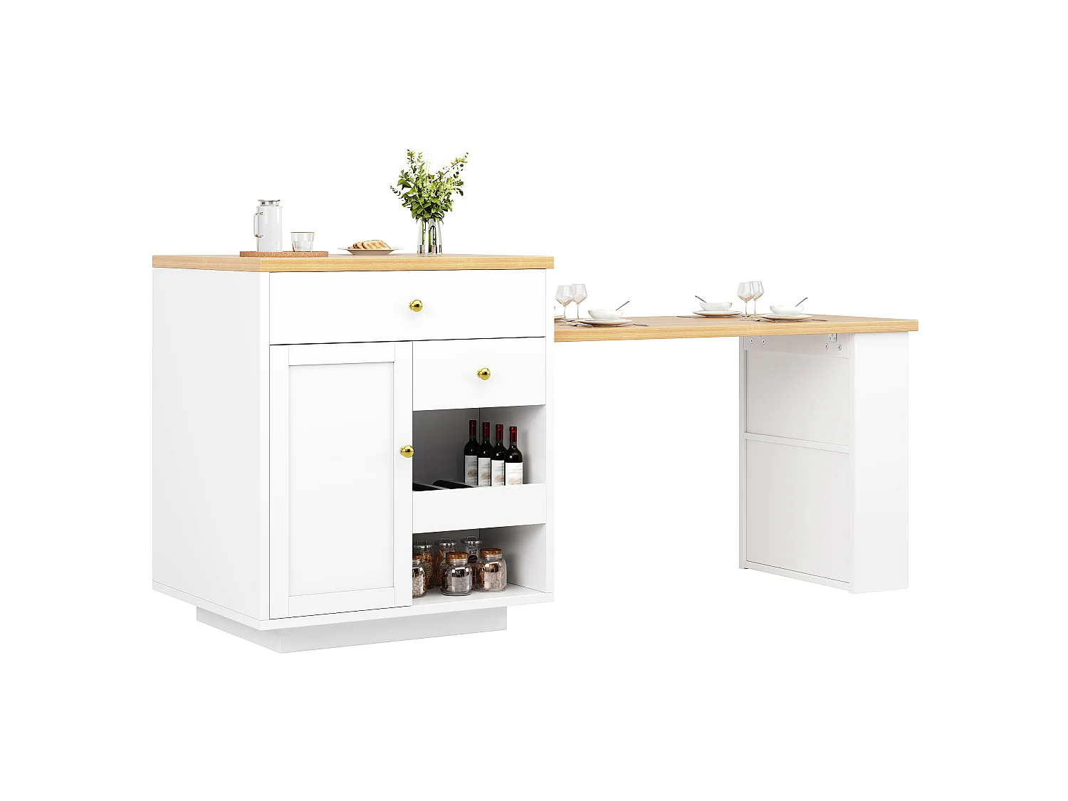 Îlot Central de Cuisine Extensible 122.5-195.5cm, Table de Bar avec Rangement Bi-face, Tiroirs et Casier à Vin - Blanc