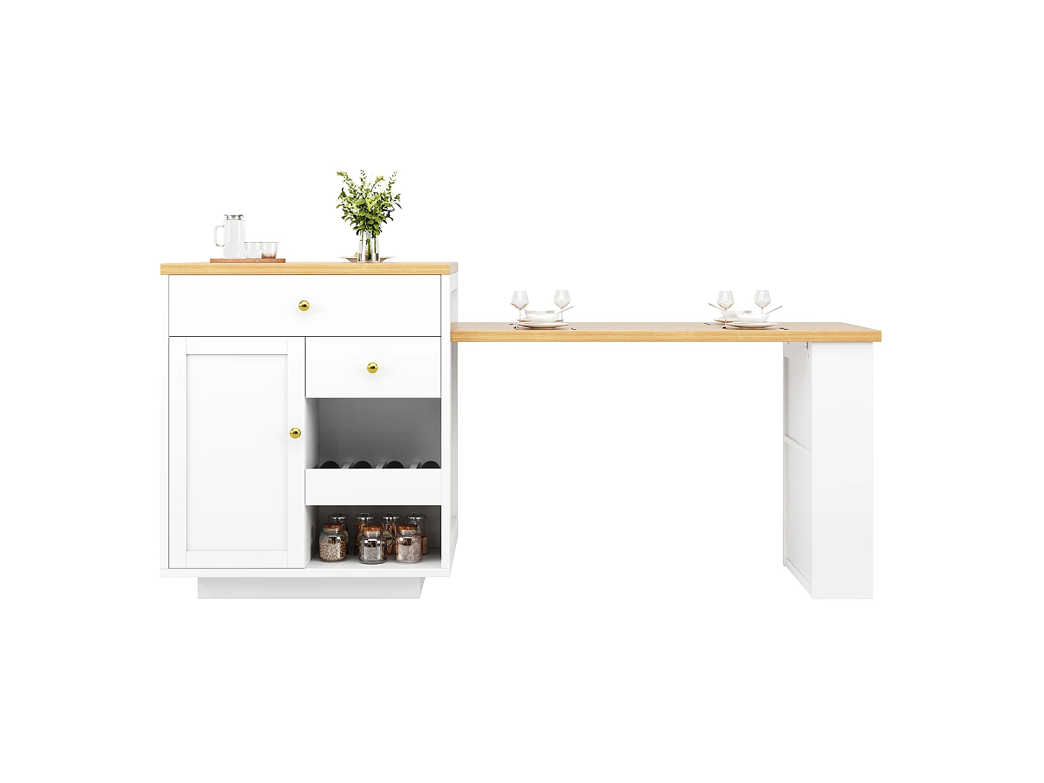 Îlot Central de Cuisine Extensible 122.5-195.5cm, Table de Bar avec Rangement Bi-face, Tiroirs et Casier à Vin - Blanc