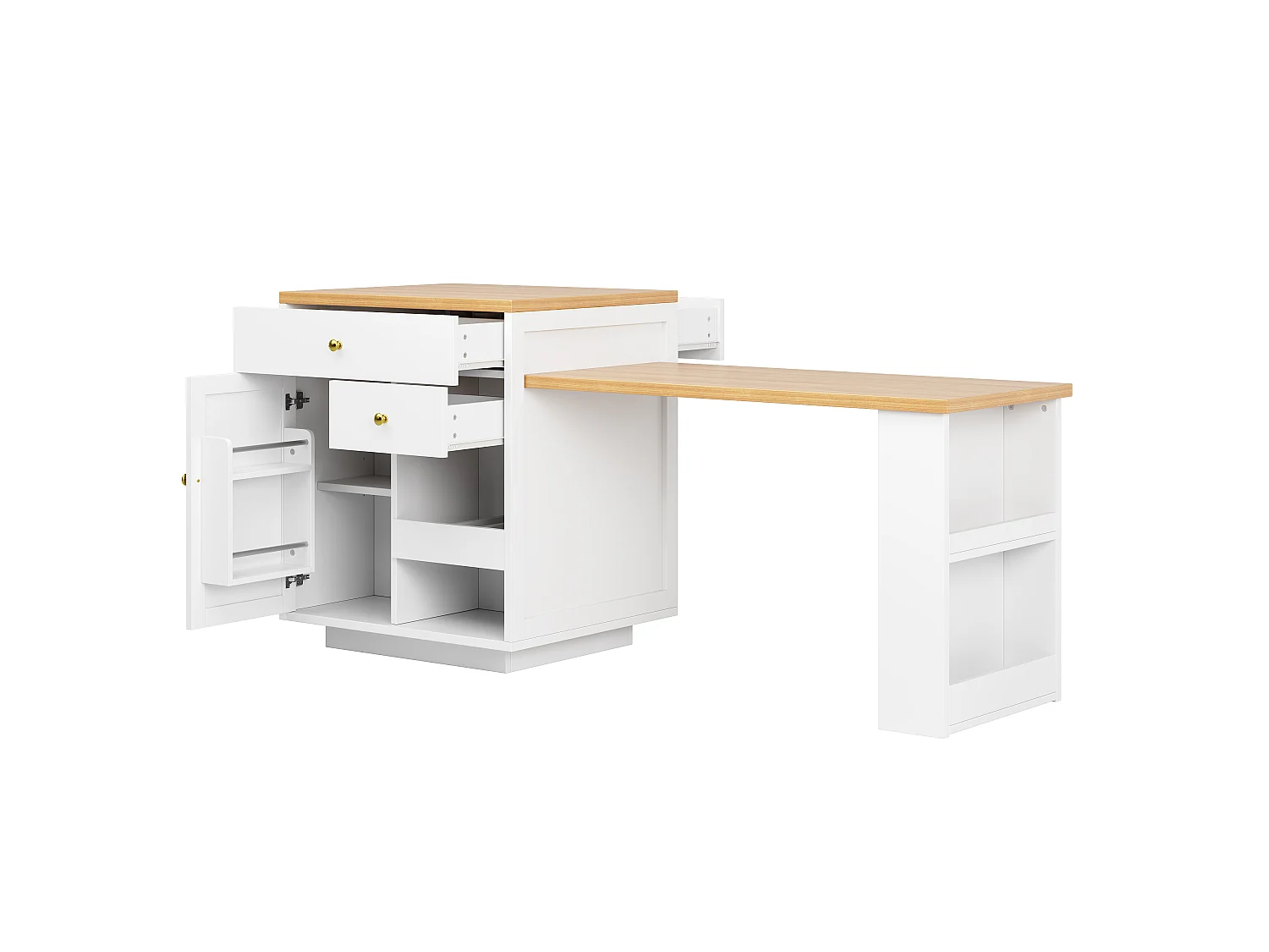 Îlot Central de Cuisine Extensible 122.5-195.5cm, Table de Bar avec Rangement Bi-face, Tiroirs et Casier à Vin - Blanc