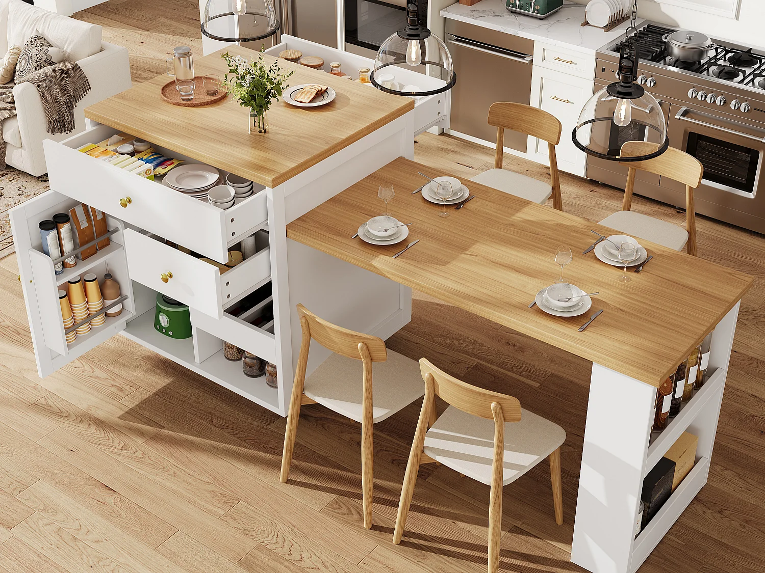 Îlot Central de Cuisine Extensible 122.5-195.5cm, Table de Bar avec Rangement Bi-face, Tiroirs et Casier à Vin - Blanc