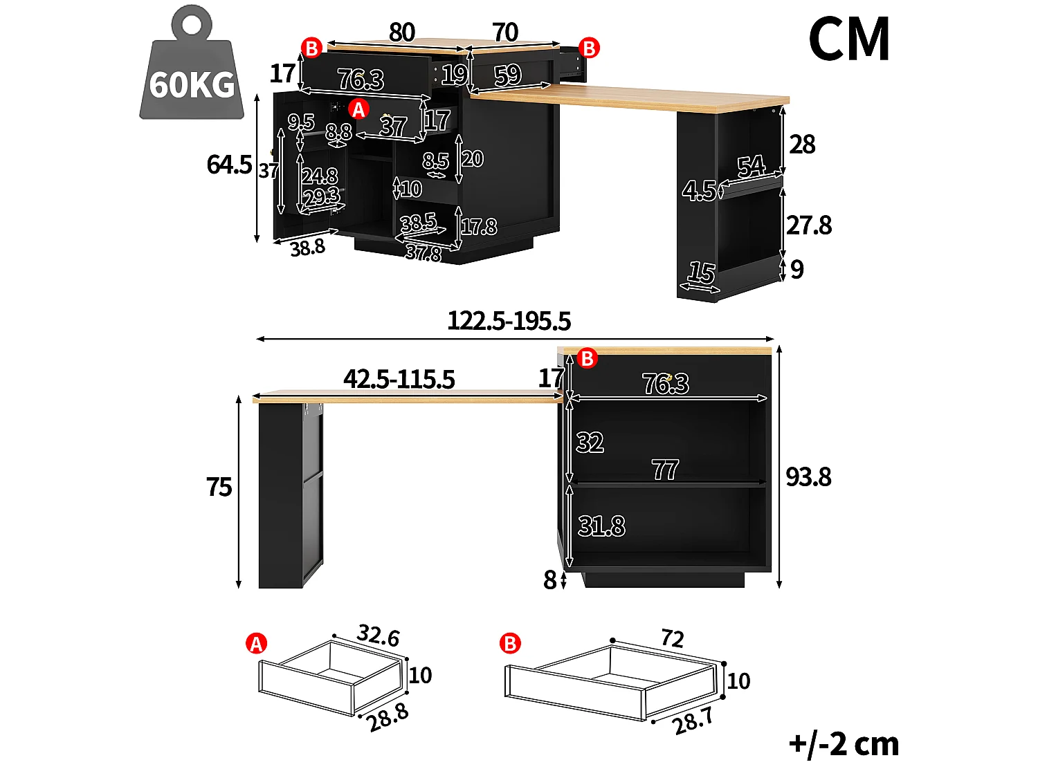 Îlot Central de Cuisine Extensible 122.5-195.5cm, Table de Bar avec Rangement Bi-face, Tiroirs et Casier à Vin - Noir