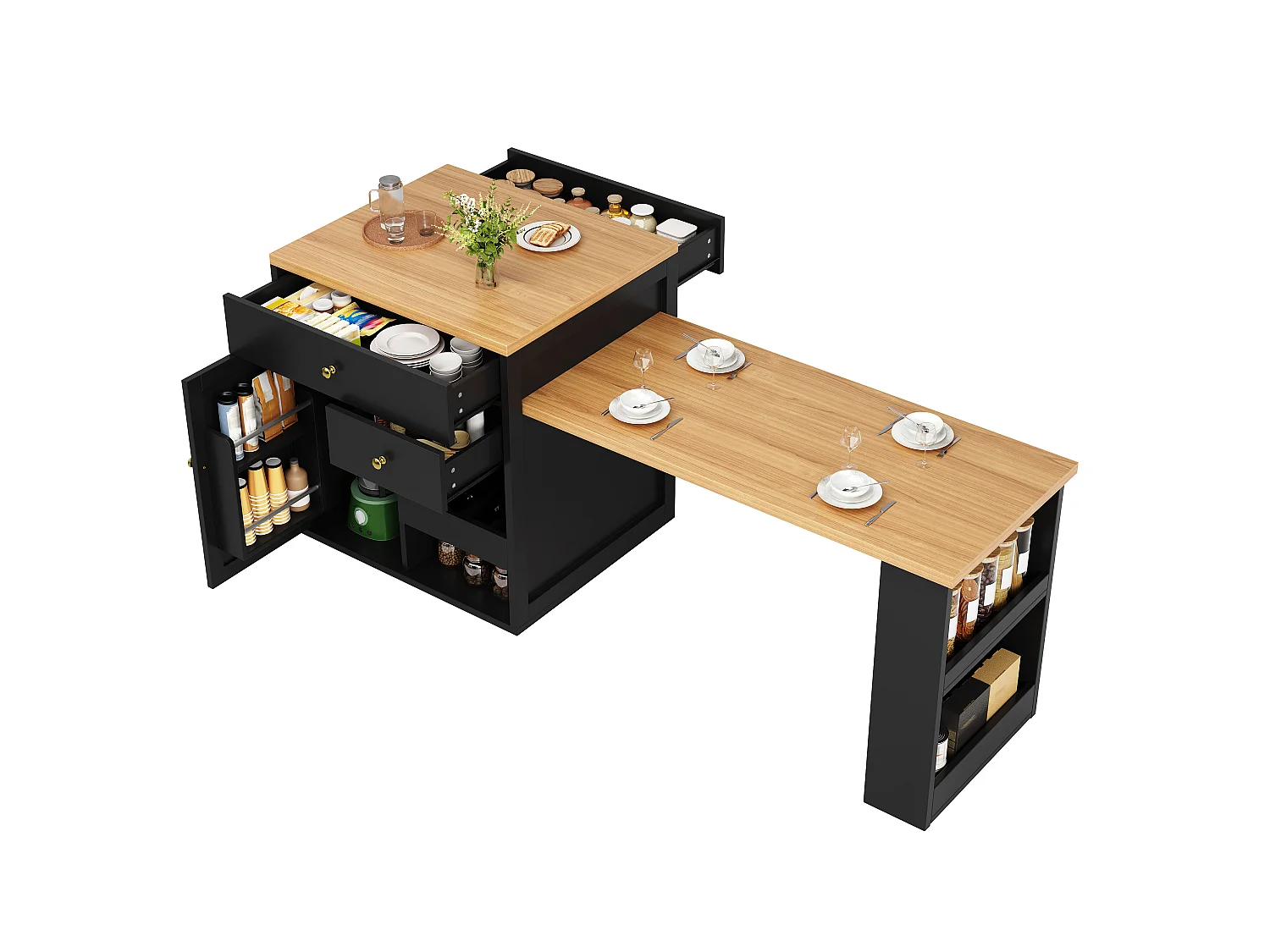 Îlot Central de Cuisine Extensible 122.5-195.5cm, Table de Bar avec Rangement Bi-face, Tiroirs et Casier à Vin - Noir