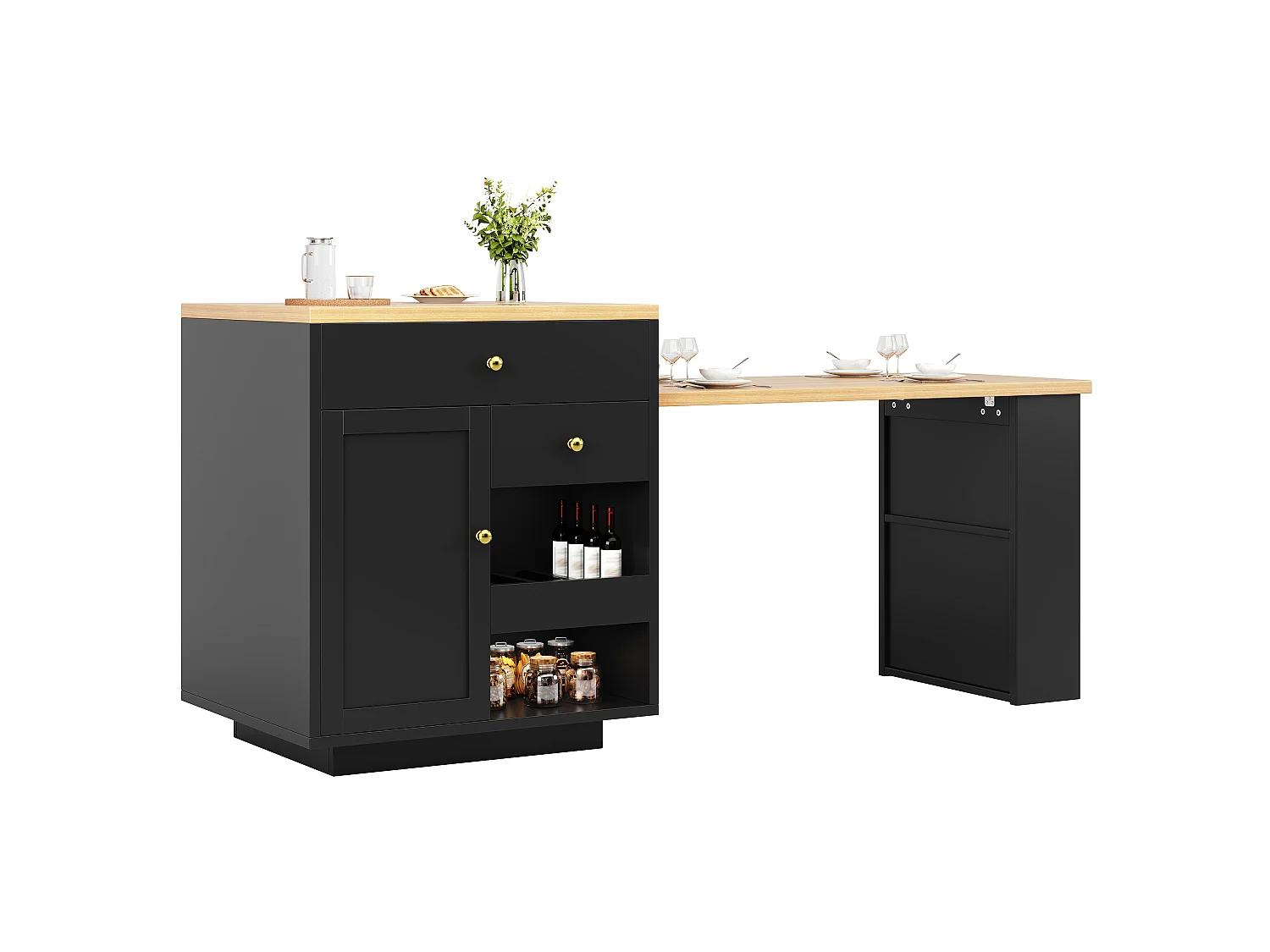 Îlot Central de Cuisine Extensible 122.5-195.5cm, Table de Bar avec Rangement Bi-face, Tiroirs et Casier à Vin - Noir