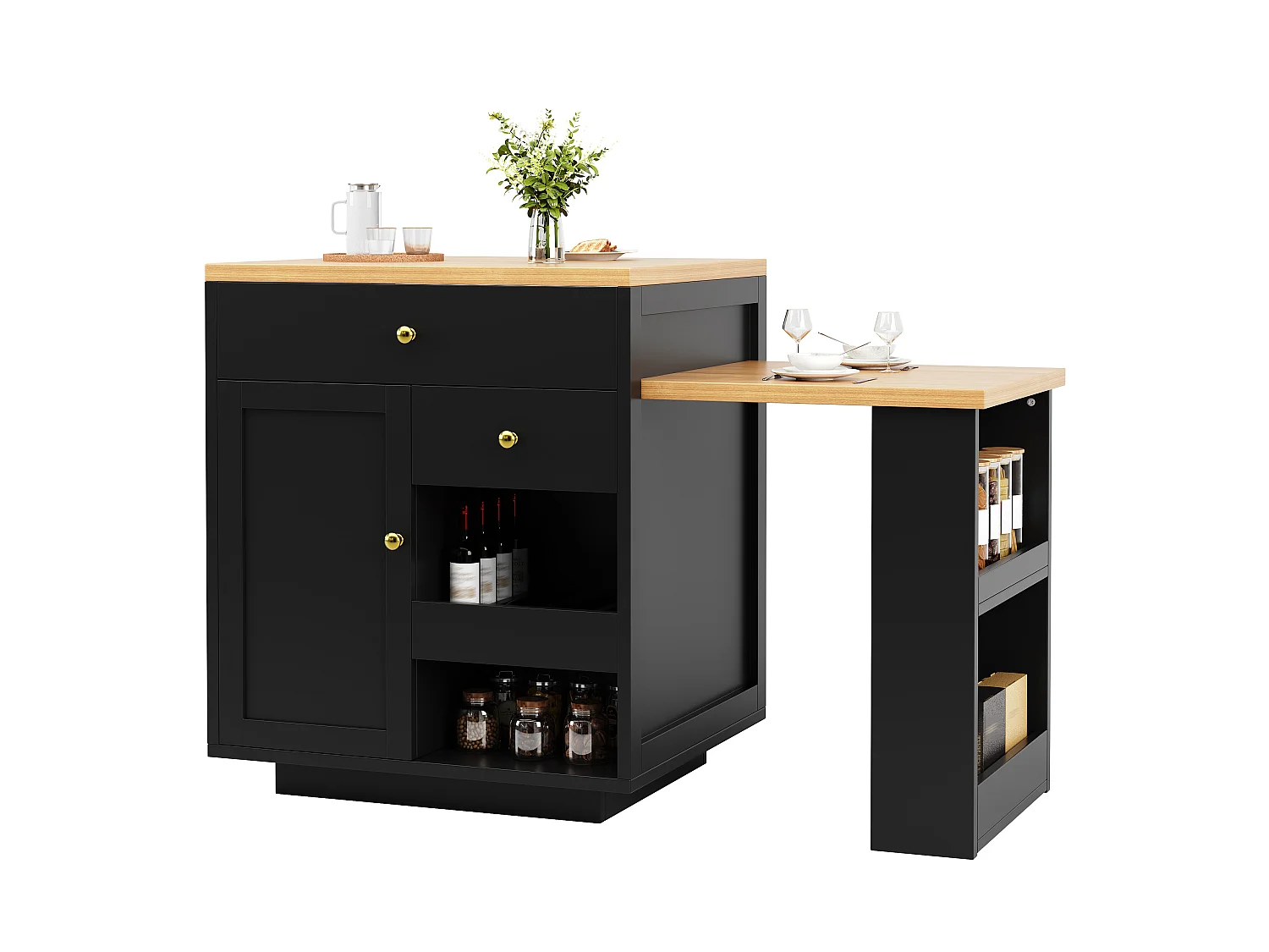 Îlot Central de Cuisine Extensible 122.5-195.5cm, Table de Bar avec Rangement Bi-face, Tiroirs et Casier à Vin - Noir