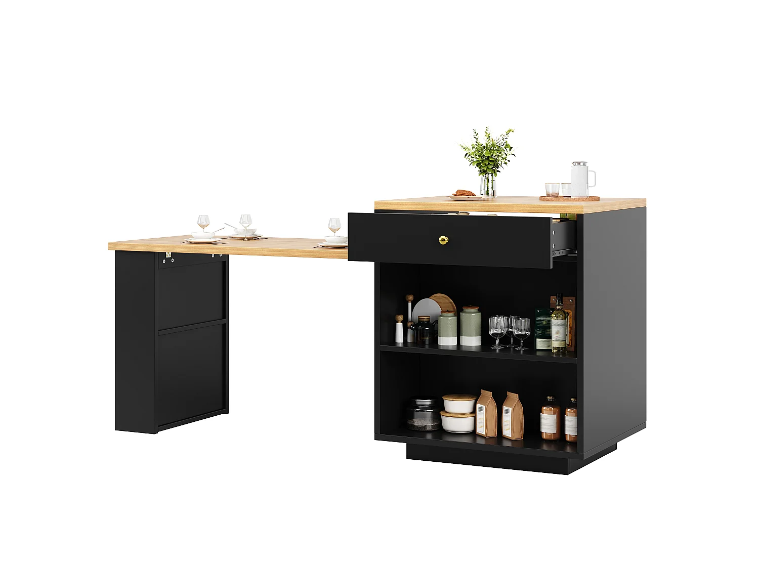 Îlot Central de Cuisine Extensible 122.5-195.5cm, Table de Bar avec Rangement Bi-face, Tiroirs et Casier à Vin - Noir