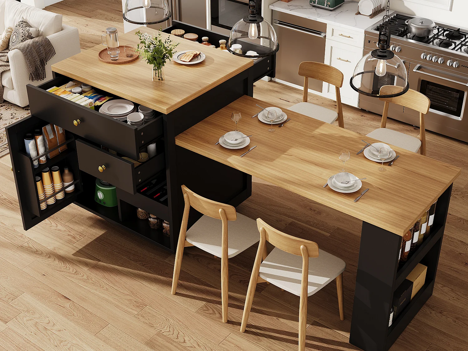 Îlot Central de Cuisine Extensible 122.5-195.5cm, Table de Bar avec Rangement Bi-face, Tiroirs et Casier à Vin - Noir