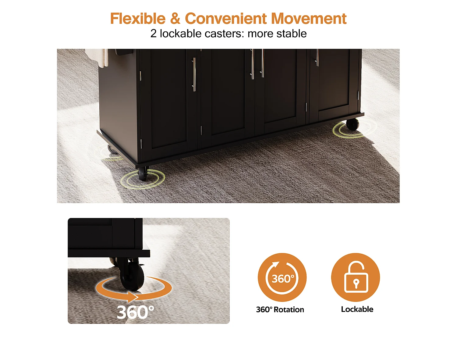 Mobile kitchen island - extendable top - with spice rack and towel rail - with 2 drawers and 4 doors - MDF - Black