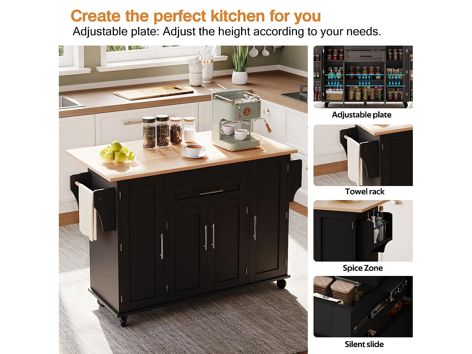 Mobile kitchen island - extendable top - with spice rack and towel rail - with 2 drawers and 4 doors - MDF - Black