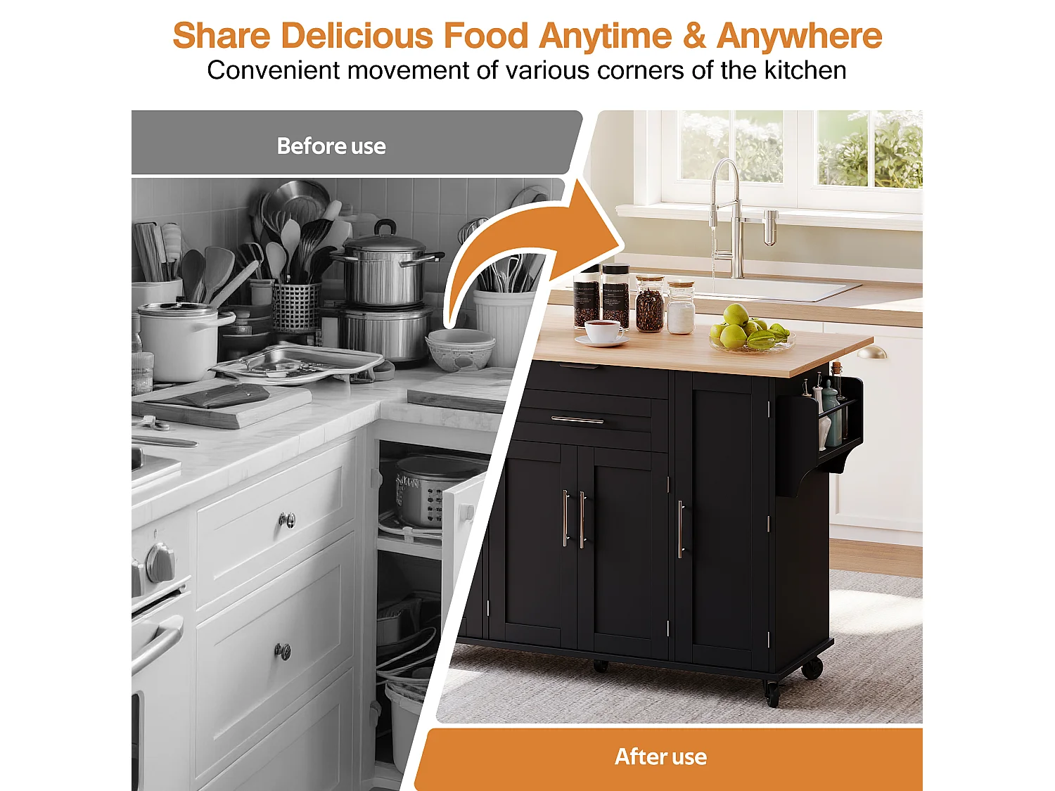 Mobile kitchen island - extendable top - with spice rack and towel rail - with 2 drawers and 4 doors - MDF - Black