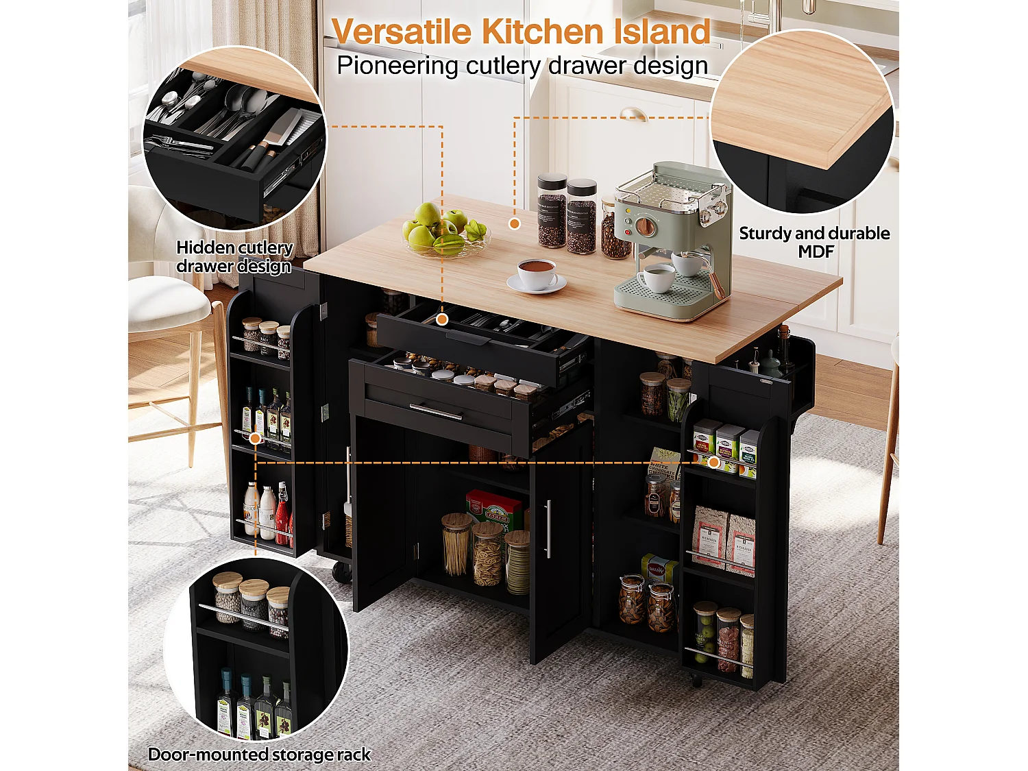 Mobile kitchen island - extendable top - with spice rack and towel rail - with 2 drawers and 4 doors - MDF - Black