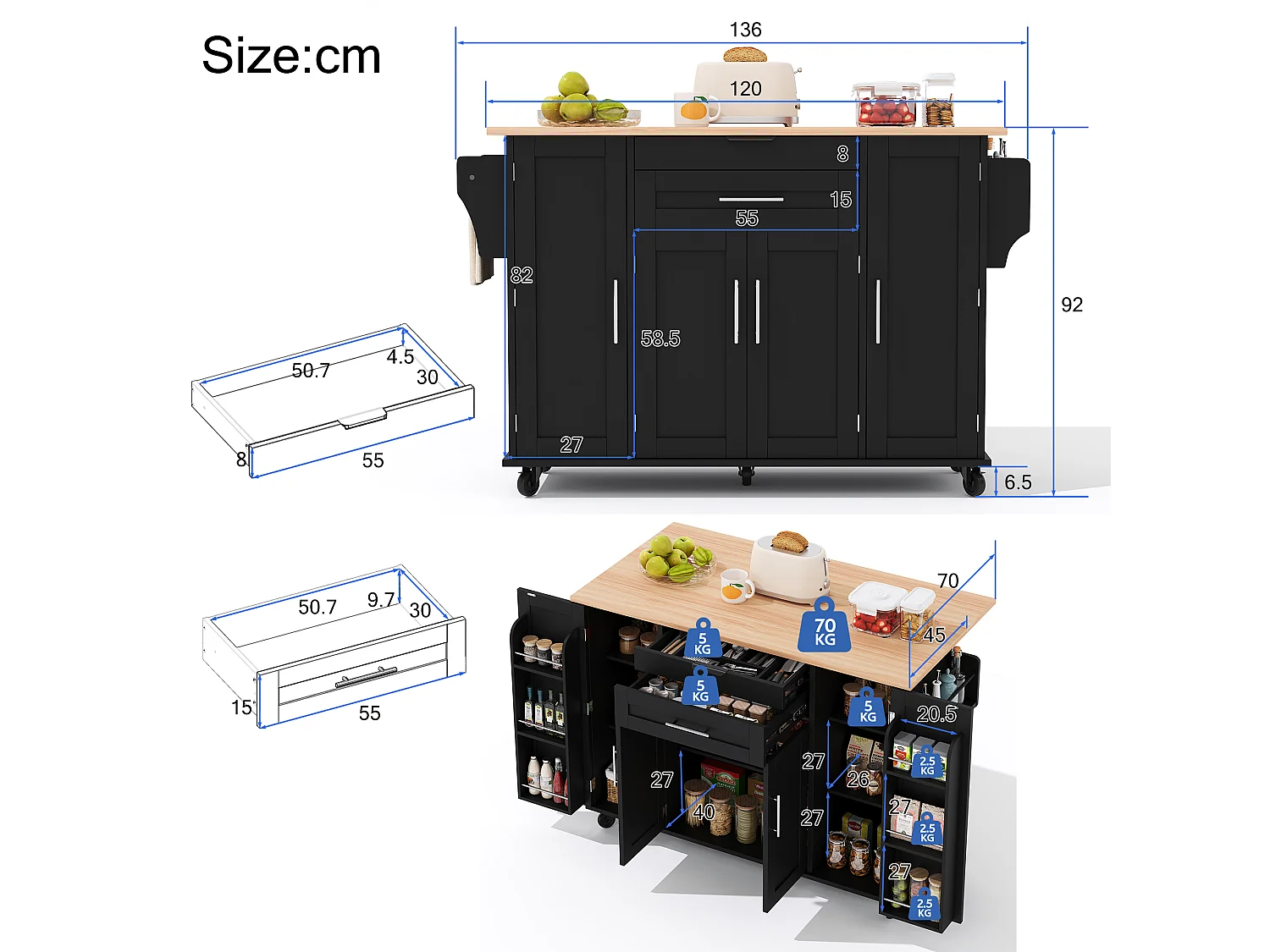 Mobile kitchen island - extendable top - with spice rack and towel rail - with 2 drawers and 4 doors - MDF - Black