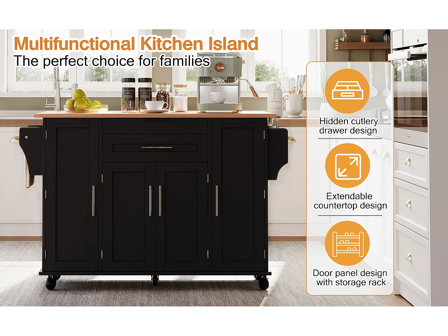 Mobile kitchen island - extendable top - with spice rack and towel rail - with 2 drawers and 4 doors - MDF - Black