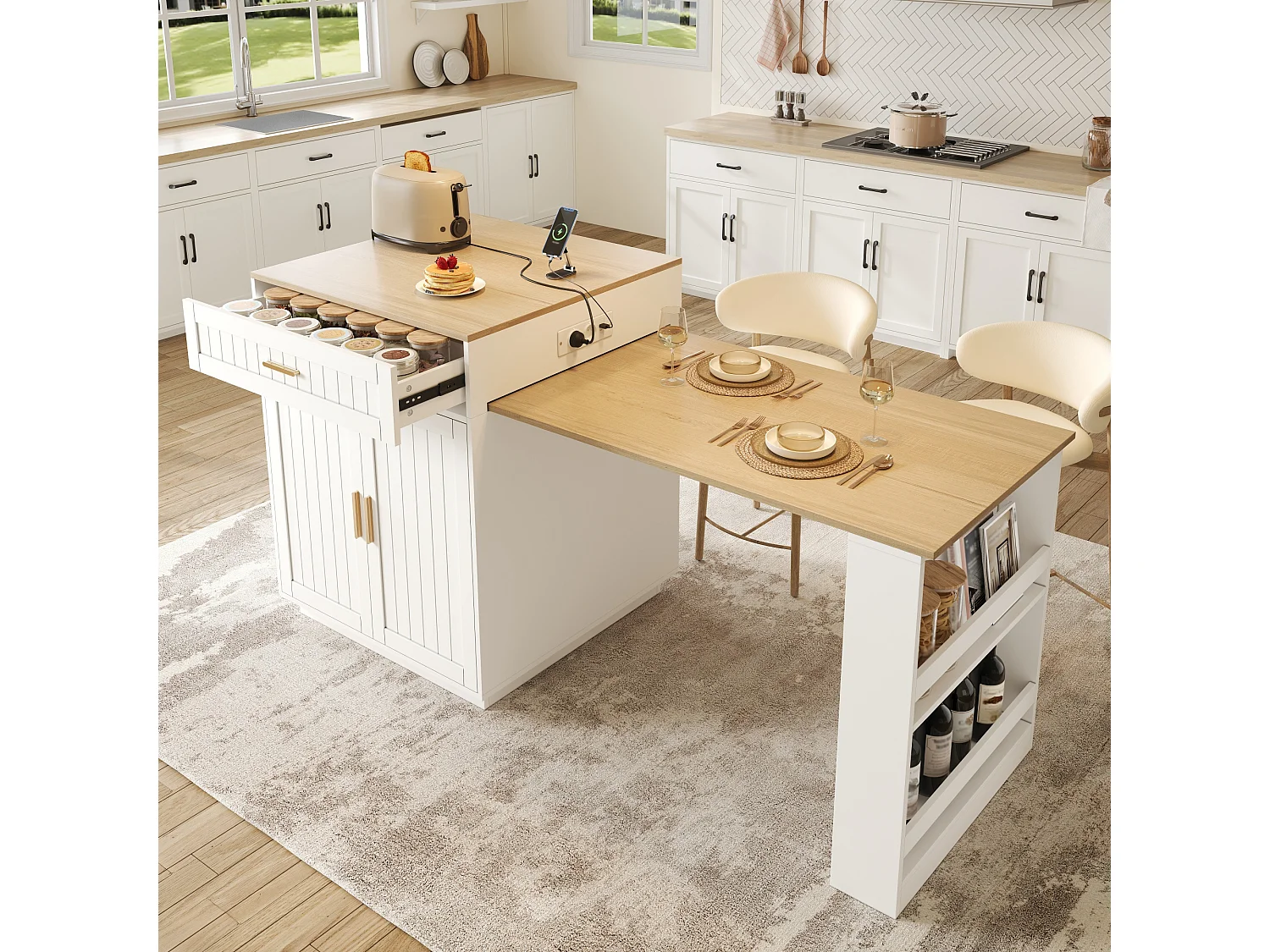 Îlot de cuisine - avec roulettes - plateau de table extensible - avec espace de rangement et prises électriques - blanc