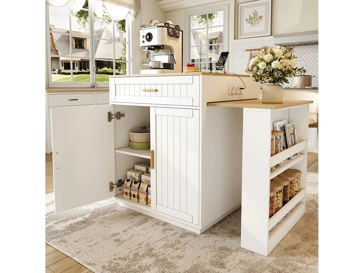 Îlot de cuisine - avec roulettes - plateau de table extensible - avec espace de rangement et prises électriques - blanc