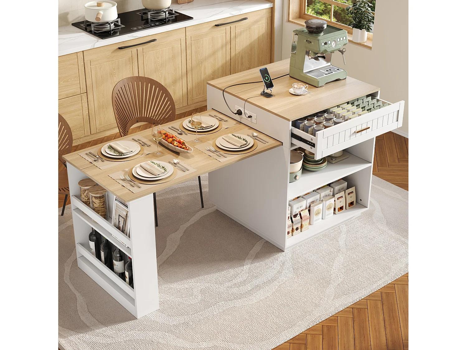 Îlot de cuisine - avec roulettes - plateau de table extensible - avec espace de rangement et prises électriques - blanc