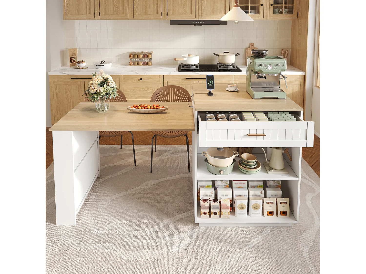 Îlot de cuisine - avec roulettes - plateau de table extensible - avec espace de rangement et prises électriques - blanc