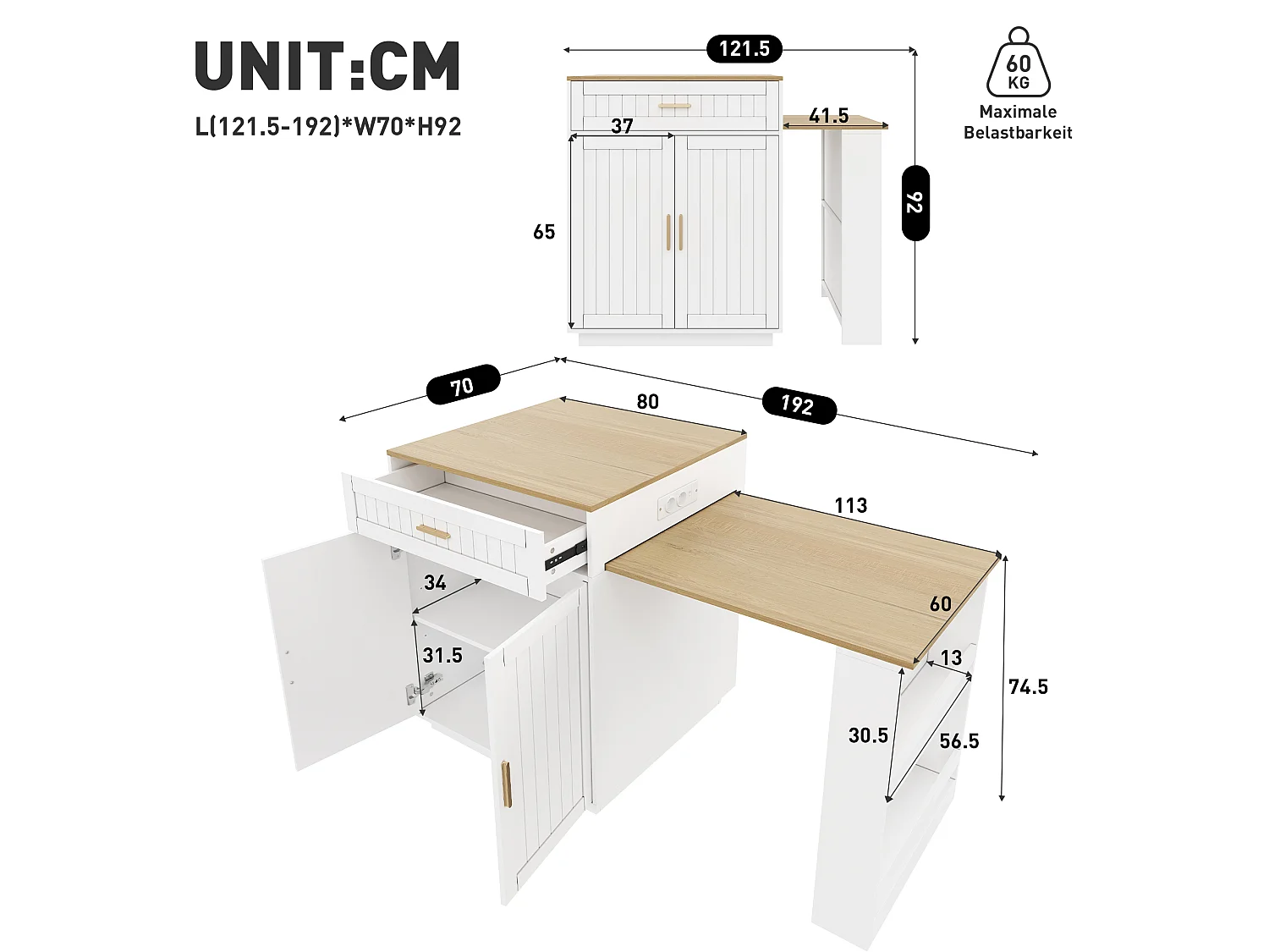 Îlot de cuisine - avec roulettes - plateau de table extensible - avec espace de rangement et prises électriques - blanc