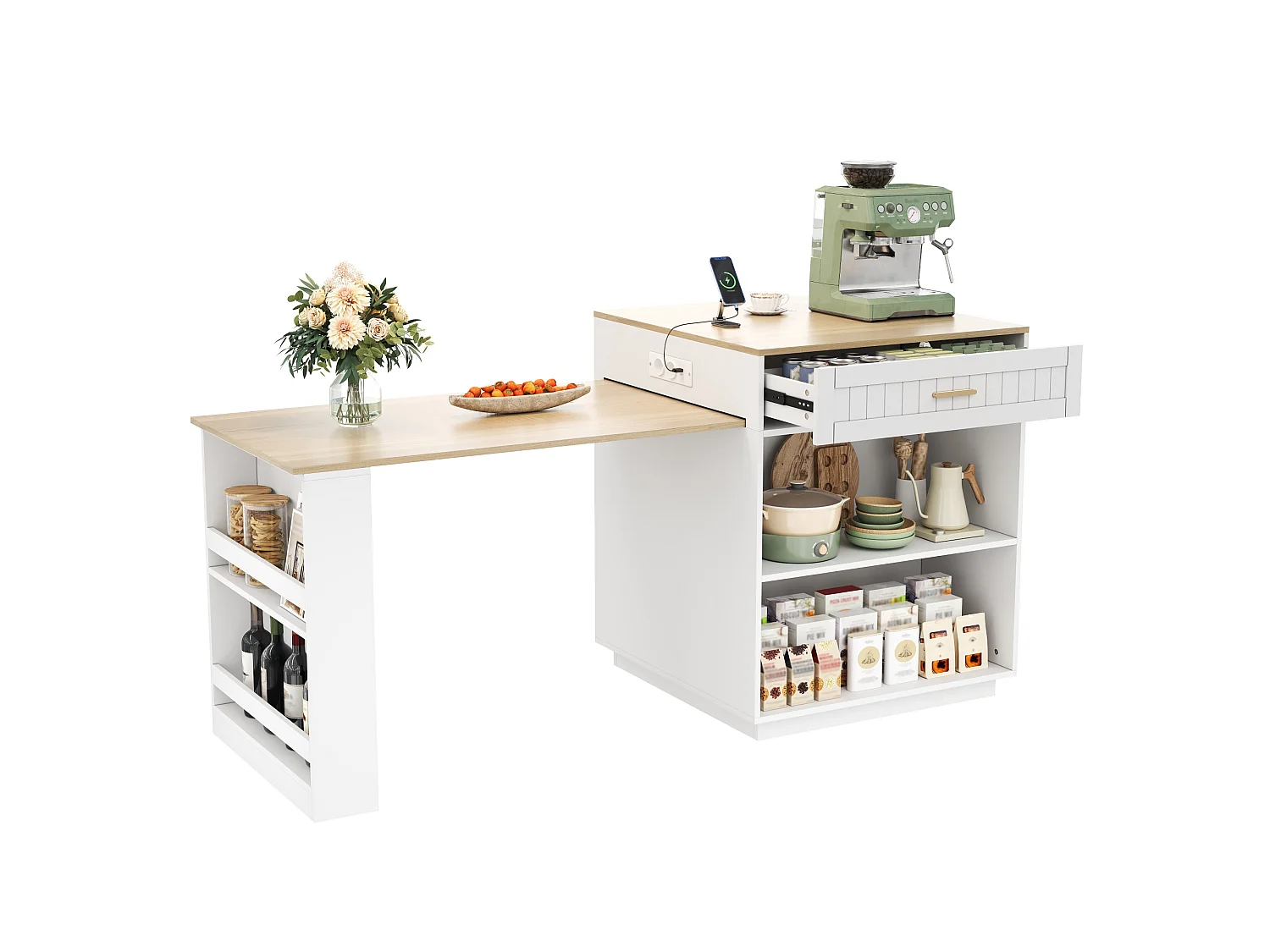 Îlot de cuisine - avec roulettes - plateau de table extensible - avec espace de rangement et prises électriques - blanc