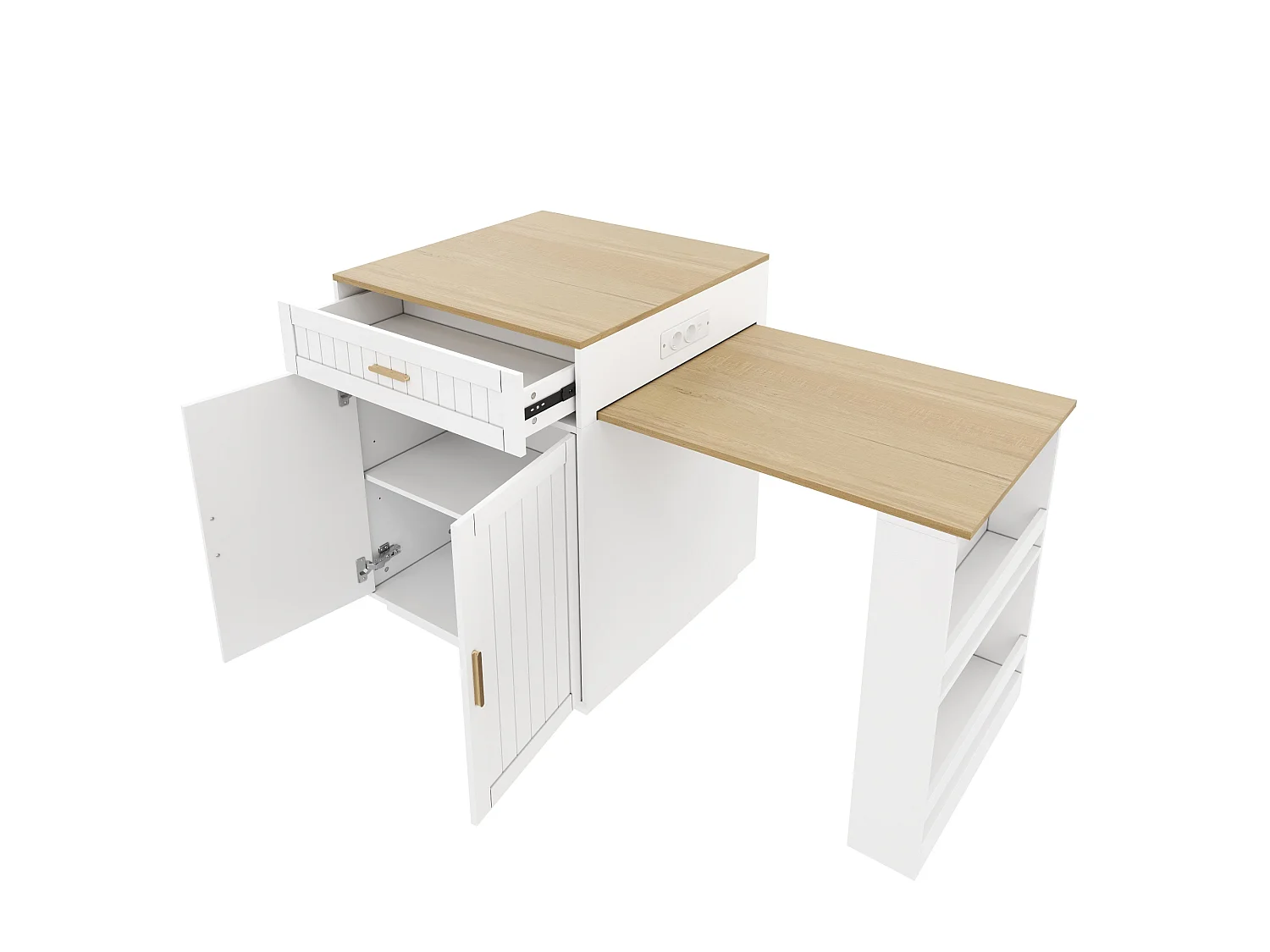 Îlot de cuisine - avec roulettes - plateau de table extensible - avec espace de rangement et prises électriques - blanc