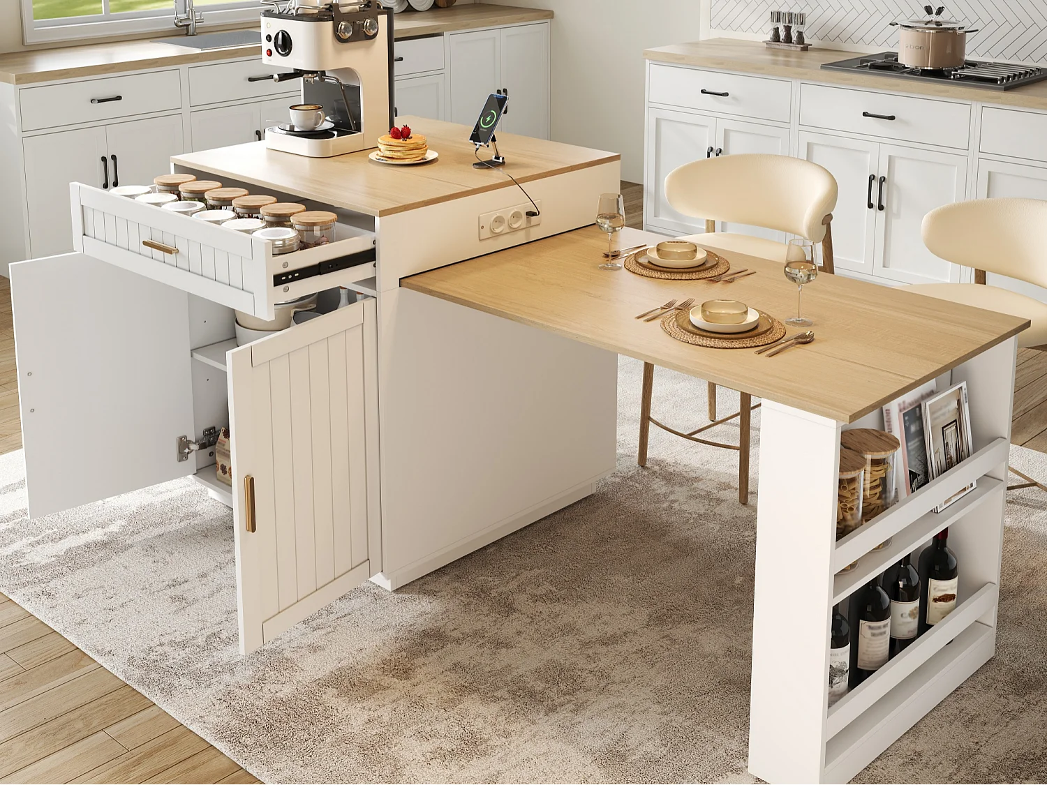 Îlot de cuisine - avec roulettes - plateau de table extensible - avec espace de rangement et prises électriques - blanc