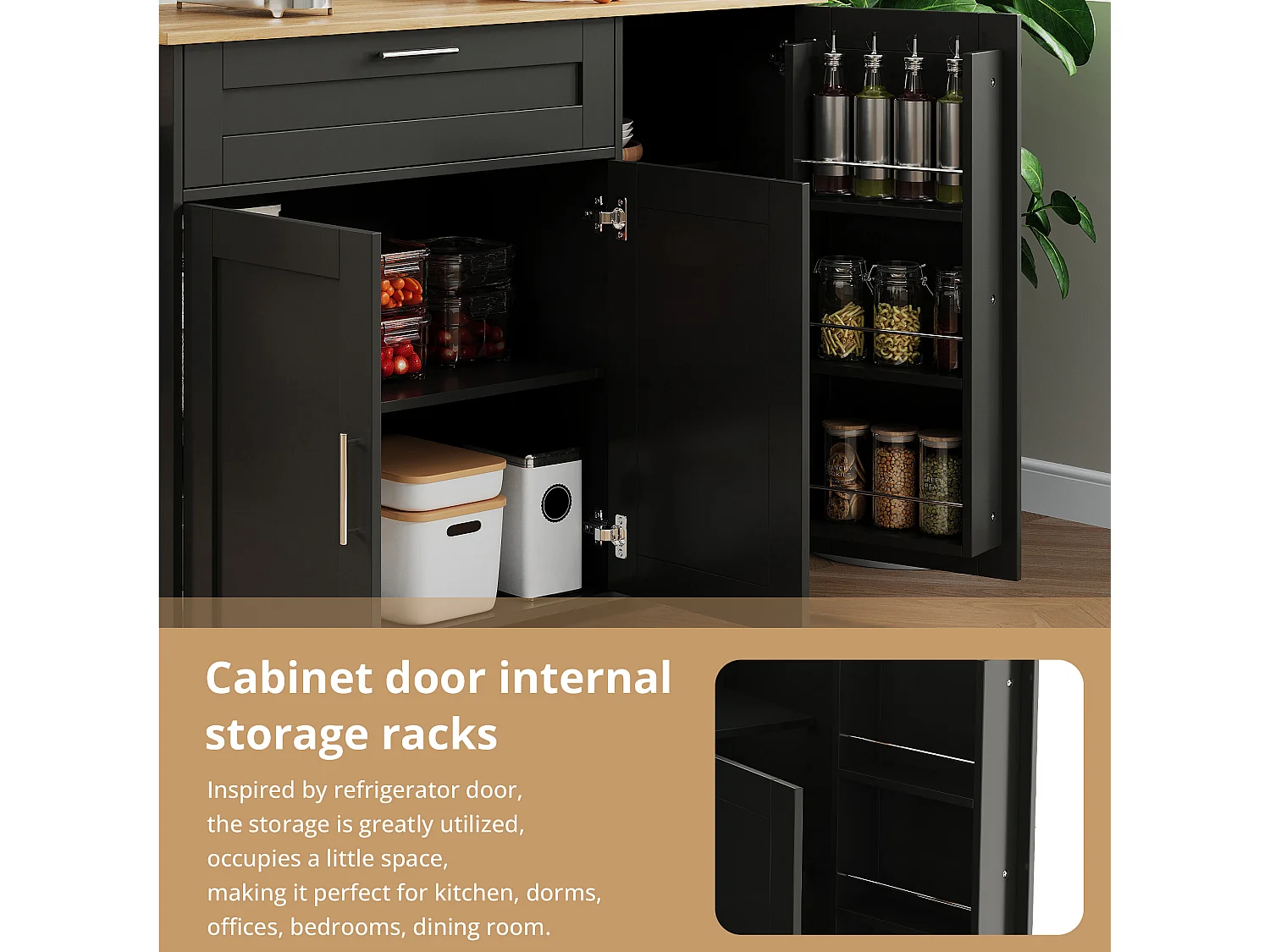 Kitchen island with folding countertop and multiple storage options - Black