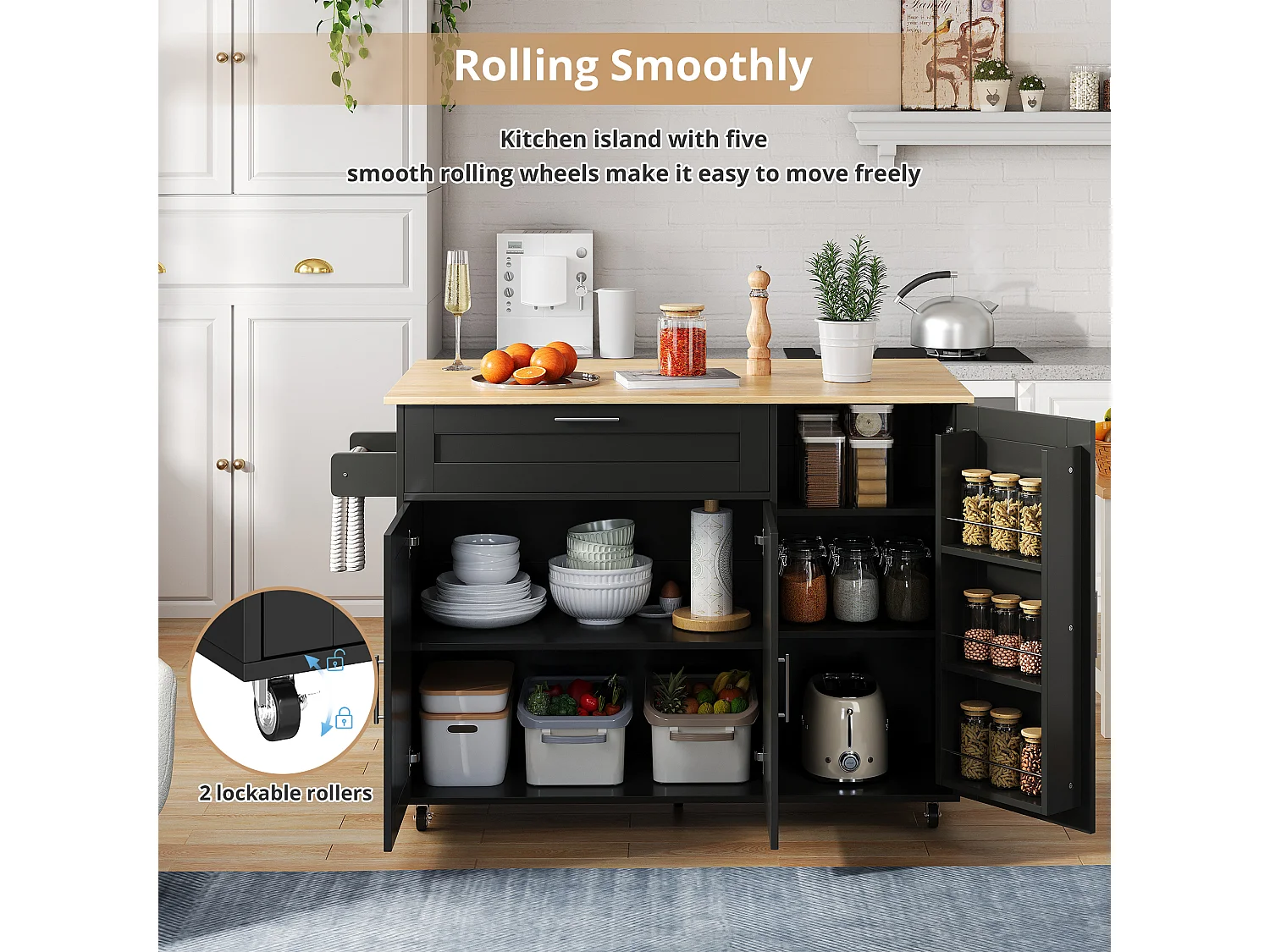 Kitchen island with folding countertop and multiple storage options - Black