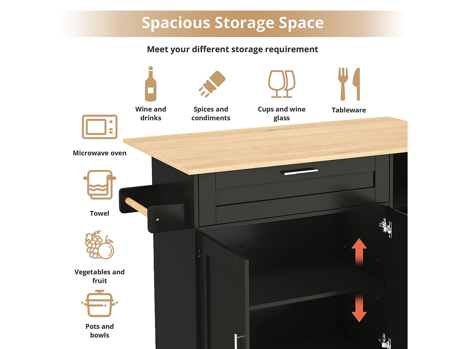 Kitchen island with folding countertop and multiple storage options - Black