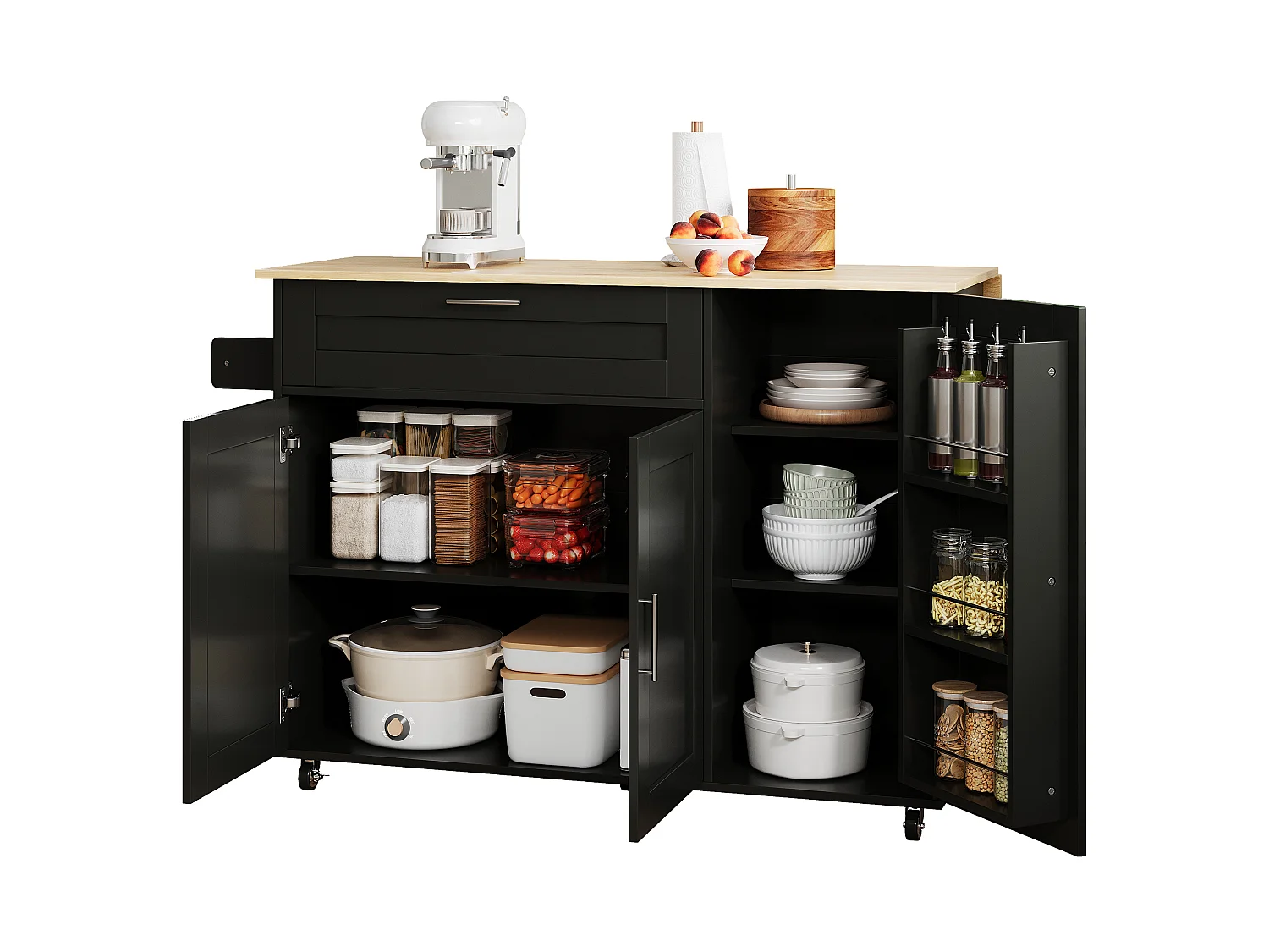 Kitchen island with folding countertop and multiple storage options - Black