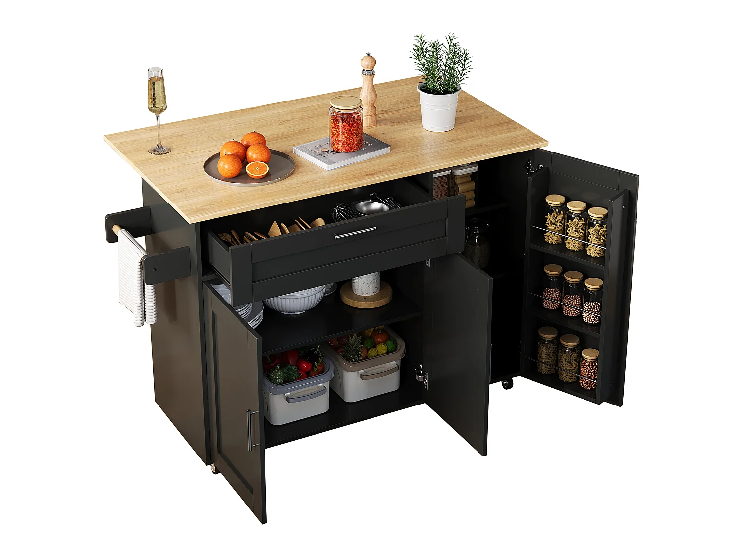 Kitchen island with folding countertop and multiple storage options - Black