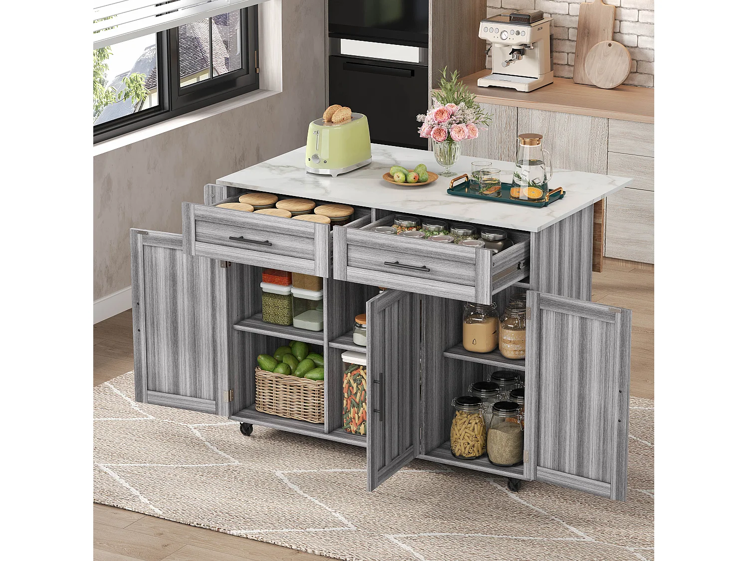 Kitchen Island with 2 Drawers - Extendable Top - Casters or Solid Wood Legs - Gray