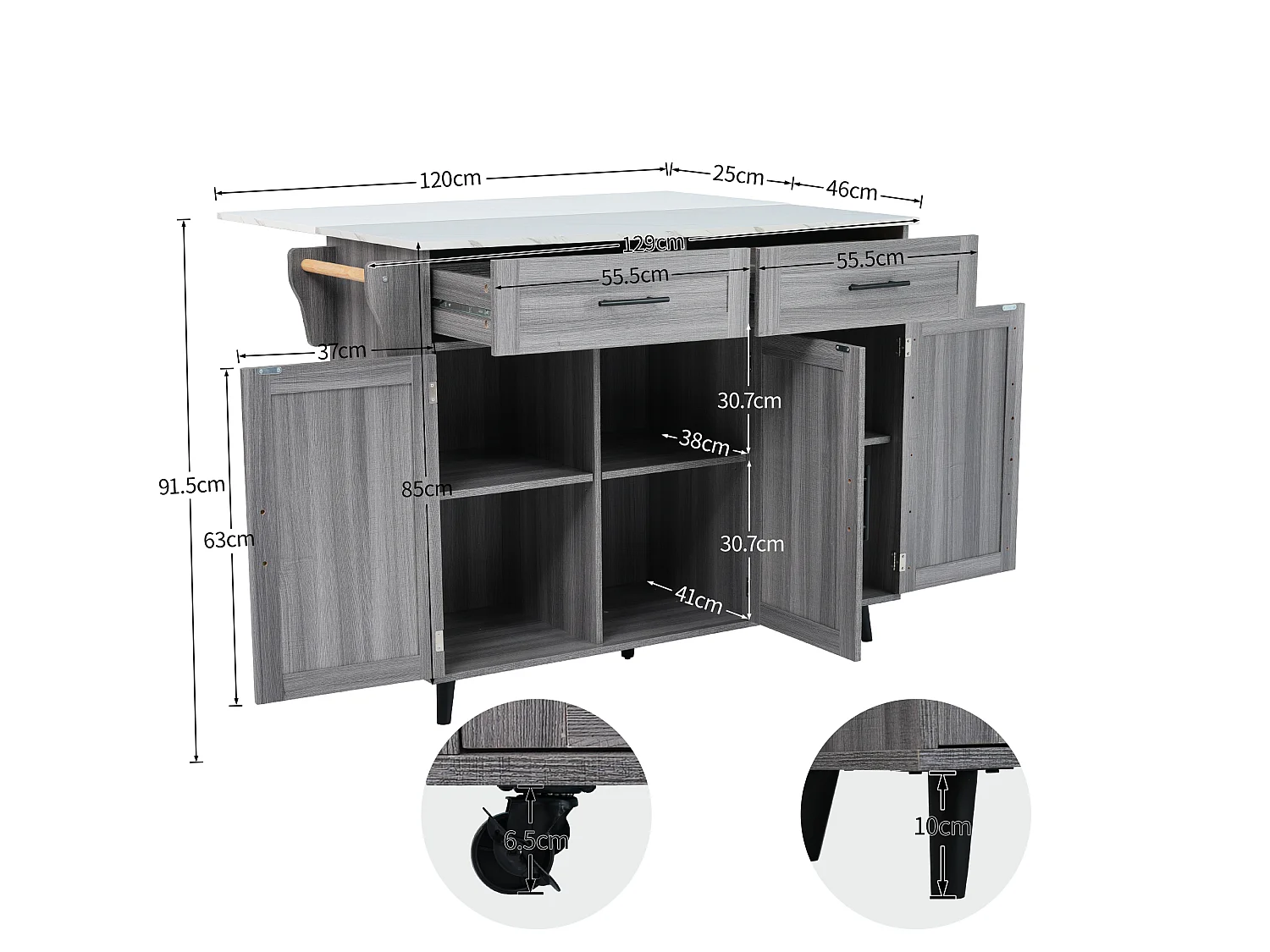 Kitchen Island with 2 Drawers - Extendable Top - Casters or Solid Wood Legs - Gray