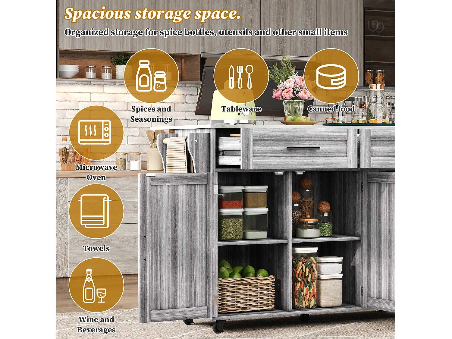 Kitchen Island with 2 Drawers - Extendable Top - Casters or Solid Wood Legs - Gray