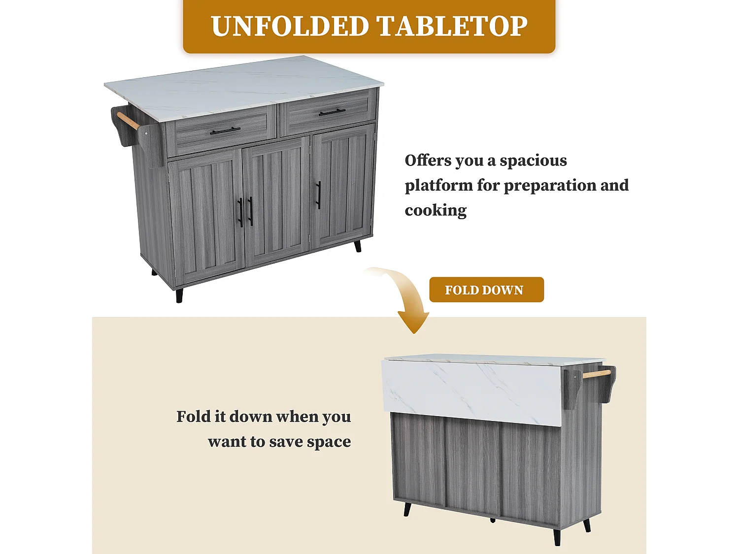 Kitchen Island with 2 Drawers - Extendable Top - Casters or Solid Wood Legs - Gray