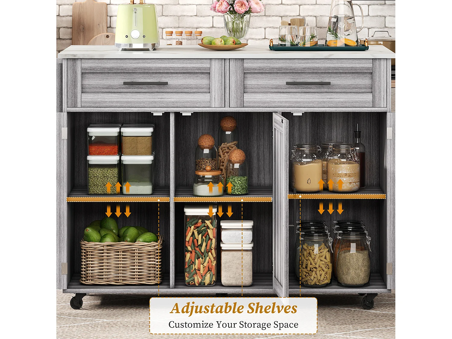 Kitchen Island with 2 Drawers - Extendable Top - Casters or Solid Wood Legs - Gray