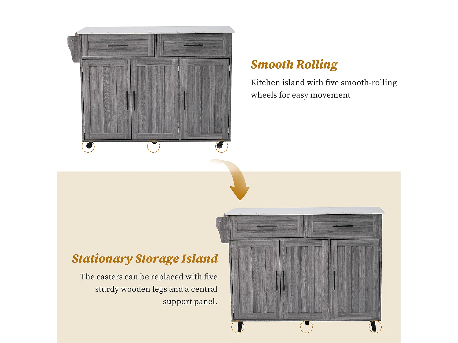 Kitchen Island with 2 Drawers - Extendable Top - Casters or Solid Wood Legs - Gray