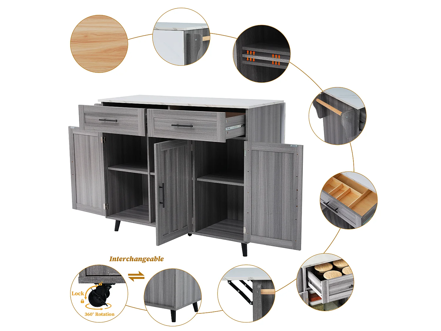 Kitchen Island with 2 Drawers - Extendable Top - Casters or Solid Wood Legs - Gray