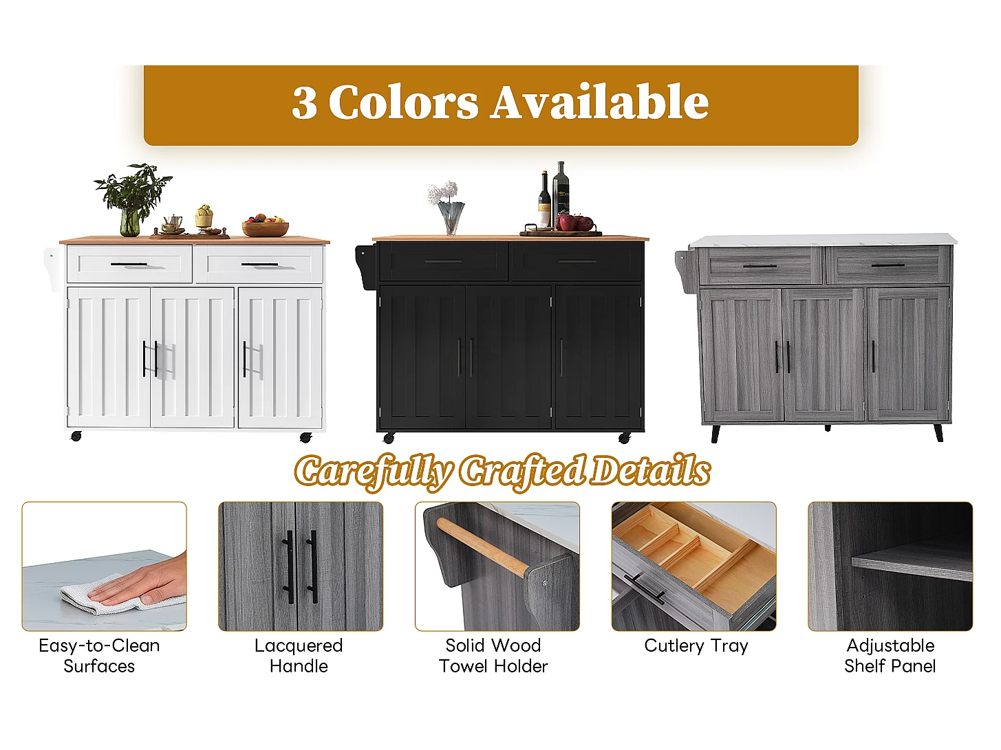 Kitchen Island with 2 Drawers - Extendable Top - Casters or Solid Wood Legs - Gray