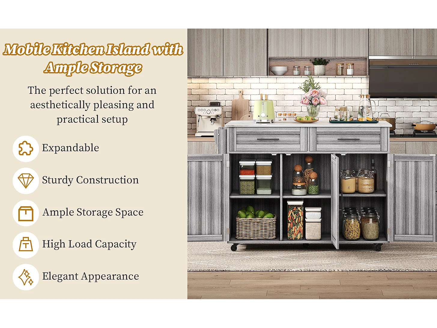 Kitchen Island with 2 Drawers - Extendable Top - Casters or Solid Wood Legs - Gray