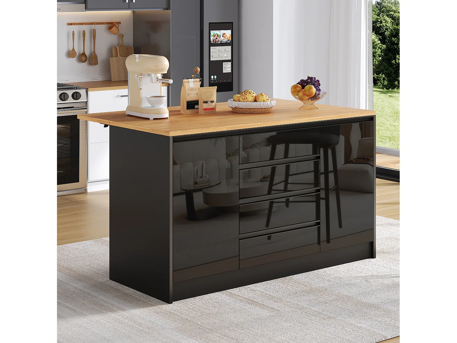 Mobil köksö - hopfällbart matbord - med 2 dörrar och 4 lådor - högblank panel - modern stil - svart
